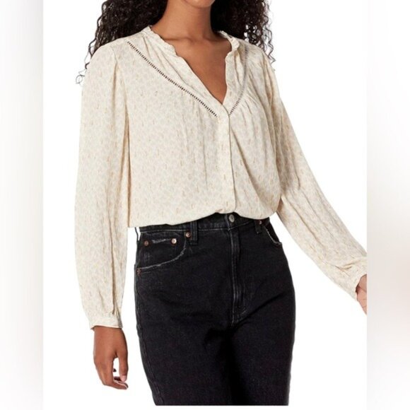 PAIGE Tops - Paige Womens Beige Long-Sleeve Blouse With Subtle Gold Accents Size L